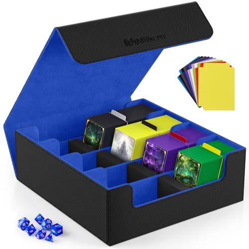 Mlikero Sammelkarten-Aufbewahrungsbox für 2400+ Karten, Magnetische Karten Deck-Box mit 10 Kartenteilern und 4 Schaumstoffstoppern, Leder Commander Deck-Box Fit für MTG, TCG (4 Reihen, Schwarz&Blau)