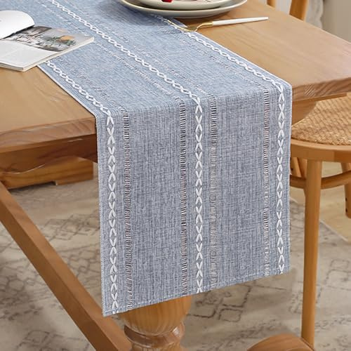 Bauernhaus Staubig Blau Tischläufer Boho Baumwollflachs 33x120cm Tisch Läufer Modern Baumwoll Leinen Rustikale Waschbar Dessert-Tischdekoration für Partys, Esszimmer Hochzeit