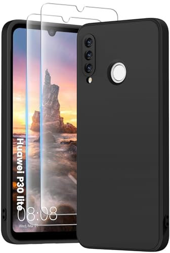 PuyaTeya 3 in 1 Hülle für Huawei p30 Lite, mit 2 Stück 9H Panzerglas Liquid Silikon Hülle, mit 4-Layer stoßfeste abriebfestes, Soft Mikrofaserfutter Kratzfes Schutzhülle(Tiefschwarz)