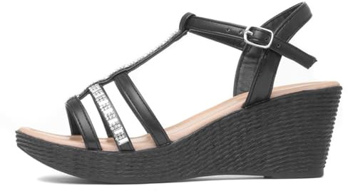 Lilley Womens Black Wedge Diamante T-Bar Sandal
