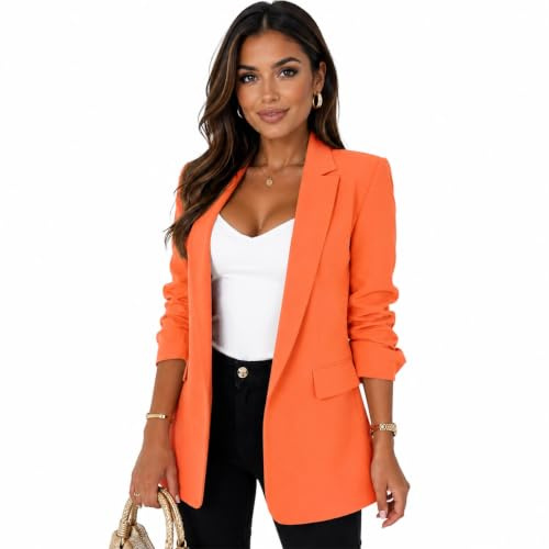 eyes Ruched Sleeve Suit Plain Open Jackets Work Office Coats Cardigan Suit Formal Jacket Top Solid Color Collar Italian Ladies Blazer (Orange, UK 14 (Size XL)