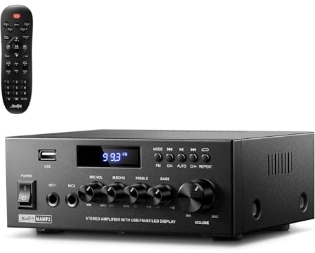 Moukey Amplificatore Audio per la Casa, 2.0 Canali con Bluetooth 5.3, Telecomando Completo, FM, RCA, USB, 2 Ingressi Microfono, Potenza di Picco 300 W, per Karaoke, Garage, Home Theater, MAMP3