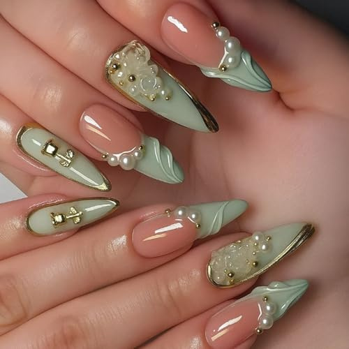 30PCS Green French Tip Press On Nails with 3D Floral & Pearl Designs - Elegant Almond Shape False Nails Long Almond Set for Women, Wedding, Daily Wear, DIY Art Salon Style