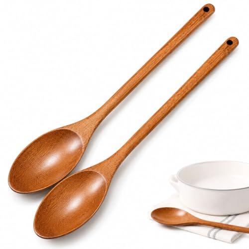 2 Pack Wooden Cooking Spoons, Natural Wood Utensils for Stirring & Serving