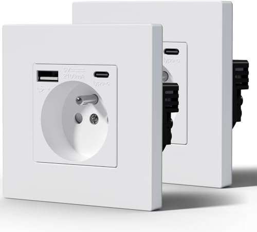 BSEED Prise Electrique avec USB et Type C, Prise Murale avec Panneau En Plastique, Alternatif Norme Française 16 Amp 240V 86mm Blanc, 2 Paquests