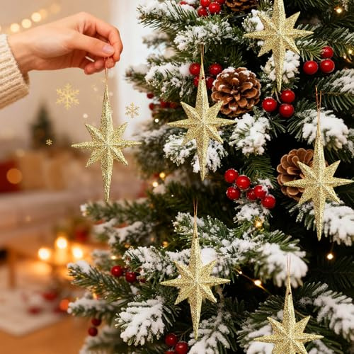 6 Stück Weihnachtsbaumschmuck Funkeln Weihnachtsstern Anhänger, Weihnachtsbaum Stern Deko Baumschmuck Weihnachtsstern Christbaumschmuck Anhänger für Weihnachtsbaum Fenster Hochzeit (Gold)