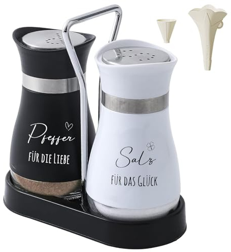 2 Stück Salz und Pfefferstreuer Set - 120 ml Pfeffer und Salzstreuer mit Trichter Edelstahl mit Glas, Schwarz-Weiß Design, Hochzeitsgeschenke für Brautpaar mit Halter, Gewürzstreuer Gewürzdosen