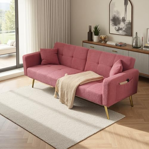Lubvtti Divano letto 2 posti con schienale regolabile,tasche portaoggetti laterali,cuscini e gambe dorate,divano 2 posti(C-Rosa)