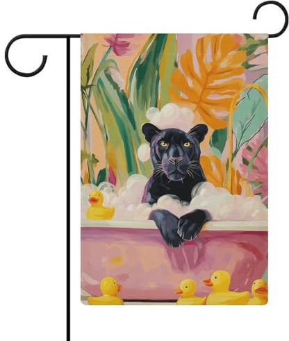 Gartenflagge Panther in einer Badewanne, saisonale Feiertage, Jute, doppelseitig, 32 x 47 cm