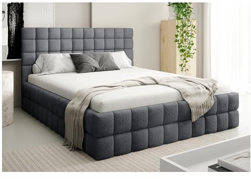 MEBLINI Andrea Polsterbett 140x200 mit Stauraum - Lattenrost und Bettkasten - Kopfteil Bett mit Stauraum - Doppelbett - Stauraumbett - Betten - 140x200 - Dunkelgrau Boucle ohne Matratze