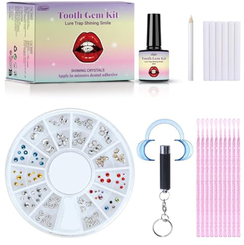 PYRUVAE Strass Dentaire Tooth Gem Kit Colle Professionnel Avec Oeil-De-Cheval, Lumière UV, DIY pour Débutan, Fêtes de Maquillage Célébrations Jeux Rôle