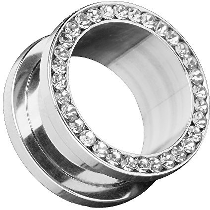 Piersando Flesh Tunnel Ohr Piercing Plug Ohrpiercing Schmuck Schraub aus Edelstahl Tribal mit Zirkonia Kristall Steinen Silber 16mm Clear