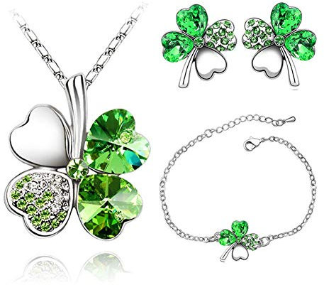 AILUOR Unisex Vier Blatt-Klee-Schmuck-Set, Mode Österreichischen Kristall Glücklicher Vier Blatt-Klee-Halsketten-Armband Oder Ohrringe grün Einstellbar