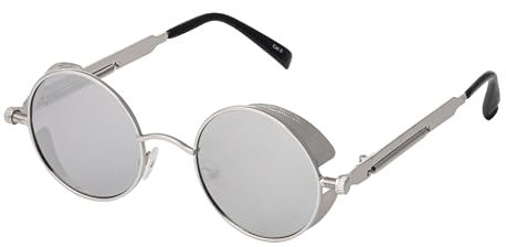 Ultra Silber Steampunk Stil Runde Sonnebrille für Herren und Frauen UV400-Schutz Retro Cyber Goggles Metall Rand Gothic Punk
