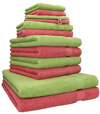 Betz 12-TLG. Handtuch Set Premium 100% Baumwolle 2 Duschtücher 4 Handtücher 2 Gästetücher 2 Seiftücher 2 Waschhandschuhe Himbeere/avocadogrün