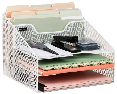 Mind Reader Network Collection, 3-Tier, 5-Compartment Desktop Organizer with 2 Vertical File Holders and 3 Horizontal Paper Trays, Desktop Organizer, Metal Mesh, White
