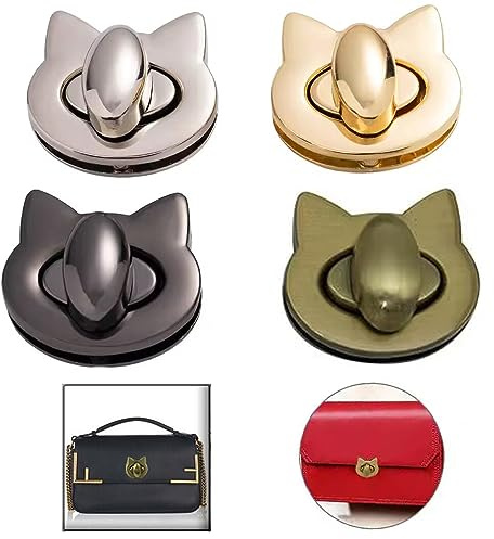 KanDery 4PCS Cat Shape Twist Turn Lock, Purse Lock, Thumb Turn Lock, DIY Catch Buckle Clasp for Bag Making Book Leather Fabric Handbag Wallet