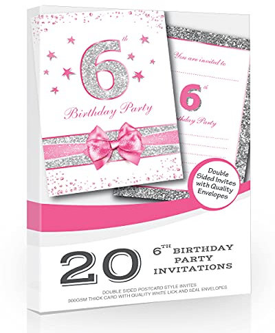 Olivia Samuel Lot de 20 cartes d'invitation pour 6e anniversaire Rose pailleté Effet photo Argenté Format A6 Carte postale avec enveloppes