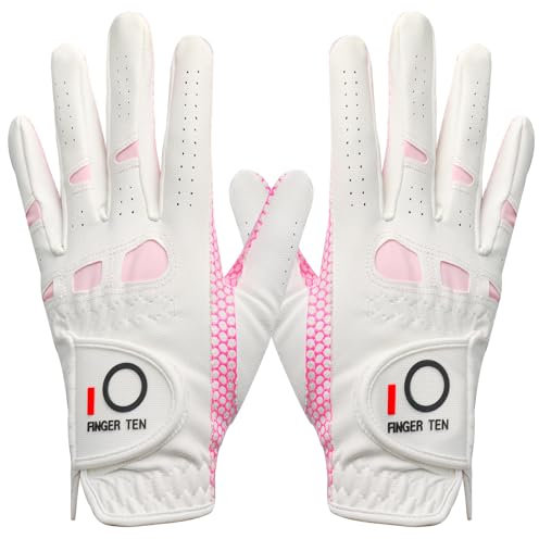 LOVMEAD Golfhandschuhe Damen Leder Linke Rechte Hand Paar, Extra Allwetter Griff 3D Performance Golf Handschuh Sommer Links Rechts rutschfest Weicher Komfort S M L XL(Rosa 1Paar,L)