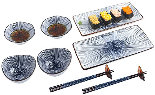 Artcome Juego de 10 platos de sushi de cerámica de estilo japonés para inauguración de la casa de boda, 2 platos de sushi, 2 platos de salsa, 2 cuencos de aperitivos, 2 soportes para palillos, azul
