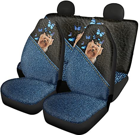 Dolyues Autositzbezüge mit niedlichem 3D-Motiv Yorkshire Terrier, vollständiges Set, mit Vorder- und Rückenschutz, universelle Passform für SUV/LKW/Van/Auto