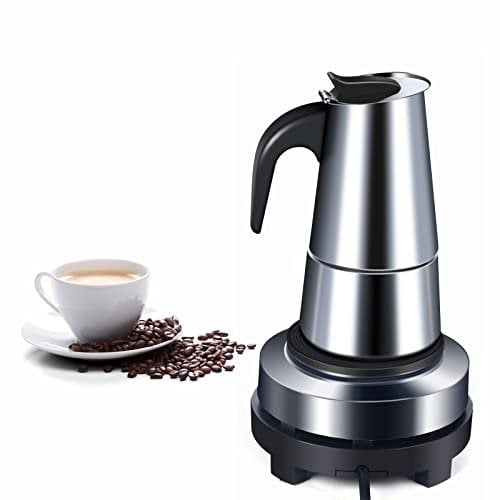 SHZICMY Elektrisch Espressokocher Edelstahl 200ML,Espressokocher, 4 Tassen Mokkakanne mit Heizplatte und Sicherheitsventil,Camping Kaffekocher ergonomisch