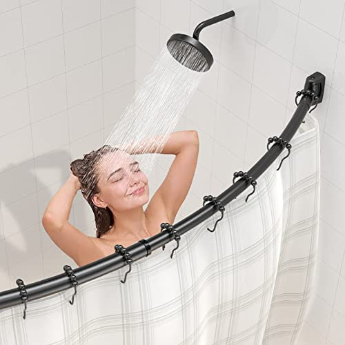 Gewölbte Duschvorhangstange, aus 304-Edelstahl, mit 18 Edelstahlduschvorhangringen & Teleskopdesign, Verstellbar von 140 bis 200 cm, für Badewanne & Badezimmer, Bohren Montage, Schwarz