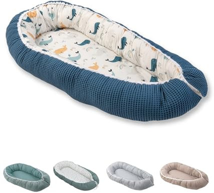 ULLENBOOM Babynest - 100% OEKO-TEX Materialien & Made in EU, Blau Wale - Babynestchen Neugeborene aus kuscheliger Baumwolle, Ideal als Reisebett & Kuschelnest geeignet
