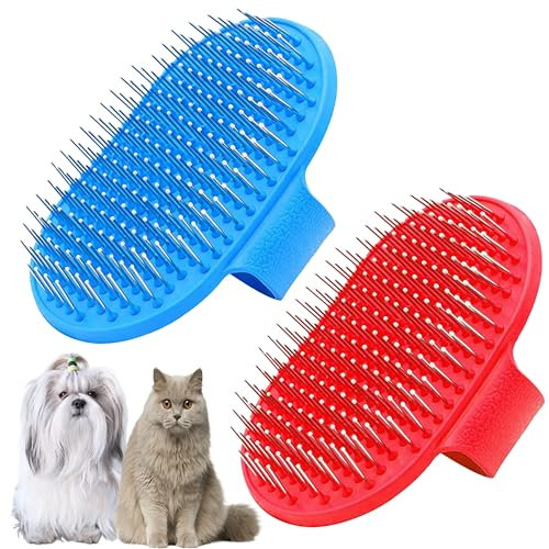 Dog brush for grooming shedding messaging Silicone Pet Bath brush steel bristles with Adjustable ring hand warp, rubber Comb for long, short hairs dogs and cats (1Pc Red or Blue color)