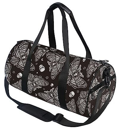 ALAZA Foldable Duffle Bag Womens Mens for Travel Sports Camping Yoga Swim, Moth Skull Moon Esoteric Small Round Gym Bags with Shoulder Strap Top Handle