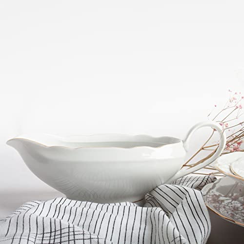 Saucière en porcelaine | Vaisselle blanche tranchante d'or | 21 x 8,5 cm | Modèle Sena