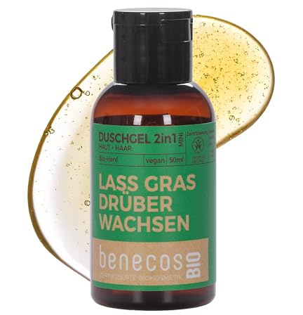 BenecosBIO Mini Duschgel 2in1 Lass Gras drüber wachsen - Bio-Hanf - zertifizierte Naturkosmetik - vegan - sanfte Reinigung für Haut & Haare - 50ml