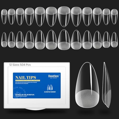 Beetles Court Amande Faux Ongles 504pcs, Etch x Acrylique Capsules Ongles Pré-Poli Transparent Pose Americaine Avec Valise De Rangement Pour Manucure Et Diy Nail Art La Maison 12 Tailles Short Almond