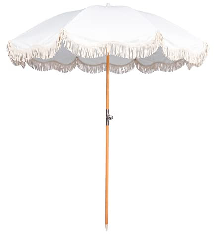 Funsite 6.5ft Boho Beach Umbrella with Fringe, UPF 50+ Tassel Umbrellas with Carry Bag, Premium Wood Pole Foldable Patio Umbrella for Outdoor Holiday Garden Lawn Pool Yard Table, White