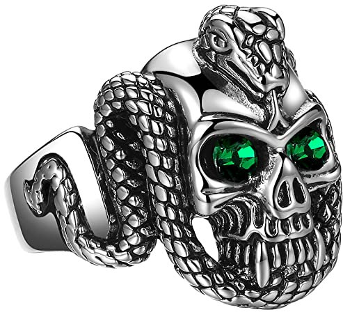 JewelryWe Schmuck Biker Herren-Ring Gothic Punk Schlange Totenkopf Schädel mit Grün Augen Ring Schlangenring Edelstahl Band Bandring mit Gravur Silber Größe 67