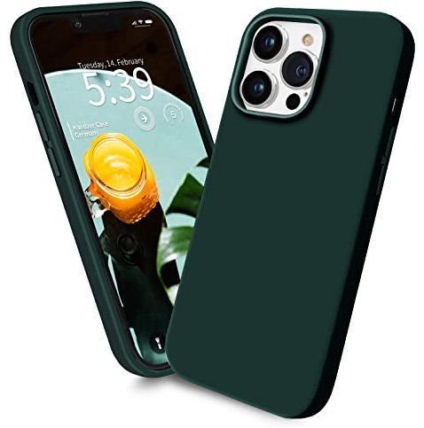 Handzer cover per Apple iPhone 13 Pro Max - verde scuro cover in silicone liquido di alta qualita, protezione a 360°, cover antigraffio con rivestimento in microfibra