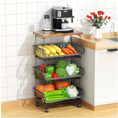 Panier à fruits et légumes pour cuisine, 4 niveaux empilables avec roulettes, panier de rangement en fil métallique pour cuisine, garde-manger, salle de bain