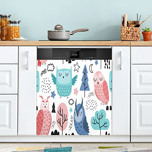 Autocollant décoratif blanc avec motif hiboux et arbres colorés pour lave-vaisselle - 58,4 x 66 cm