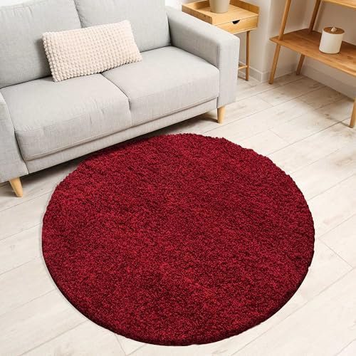 Miovani Hochflor Teppich Rund 160 cm Rot - Besonders weicher Shaggy Teppich in vielen Farben & Größen für Dein gemütliches Zuhause - Teppich Wohnzimmer & Schlafzimmer