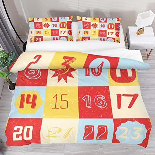 Retro Adventskalender Bettbezüge Set Doppelbettgröße, Weiche Tencel Steppdecke Bettwäsche mit Reißverschluss Pflegeleicht, 3 Stück (1 Bettbezug + 2 Kissenbezüge)