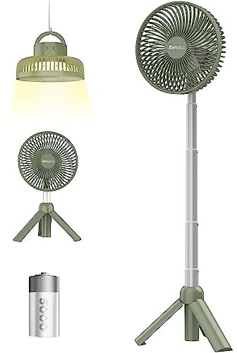 EasyAcc Pedestal Fan, Portable Camping Fan with Telescopic Tripod & LED Lights & 5000 Battery Adjustable Height Angle Oscillating Standing Fan Air Circulator Fan for Home Kitchen Office Outdoor-Green