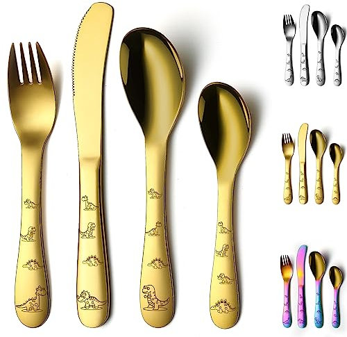Evanda Gold Kleinkinderbesteck, Gold Titan beschichtet 4 Stück Edelstahl Kleinkinderbesteck, Kinderbesteck Gabeln und Löffel, spiegelpoliert glattes rundes Geschirr und spülmaschinenfest