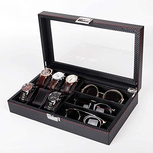 AMYSTY Uhrenkoffer Uhrenrolle Uhrenbox Uhrenschatulle Schmuckschatulle Aus Leder for 6 Uhren Und 3-teilige Brillenaufbewahrung Und Sonnenbrillen-Brillenvitrine Uhrenetui Uhren Aufbewahrungsbox