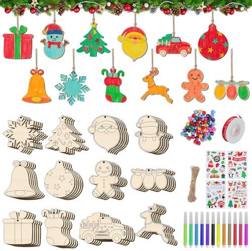 Ayamuba 60 Weihnachten Basteln Holz Schneeflocken, Schneemann Weihnachtsmann Bastelset Winter Decor Weihnachten Holz Bastelhandwerk
