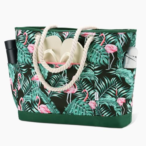 Chase Chic Sac de Plage Femmes,Grand Sac Fourre-Tout de Plage Étanche avec Poches et Fermeture Éclair,Sacs à Cabas pour Voyages Gym Piscine Flamant rose