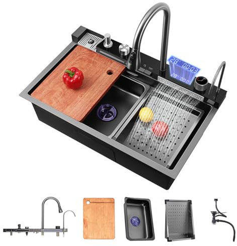 TULAZOU Fregadero de cocina,T304 fregadero de acero inoxidable,fregadero de cocina multifuncional, fregadero cascada,fregadero empotrado con grifo digital multifuncional y varios accesorios (68x45cm)