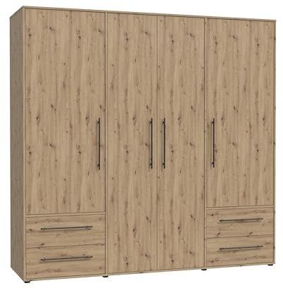 FORTE Jupiter Schrank 200 210, Kleiderschrank, Drehtürenschrank, 4-türig, mit 4 Schubladen und Einlegeböden, Holz Dekor: Artisan Eiche, 206 cm breit x 59 cm tief x 200 cm hoch