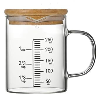 Ailovone Messbecher mit Deckel Glas Messbecher mit Griff Temperaturbeständig Messkanne Transparent Messbehälter mit Skalen für Mikrowelle Als Küchenhelfer und Back Zubehör (250ml mit Deckel)