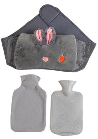 LARUISEE Niedliches Cartoon-Wärmflaschen-Set mit Taillengürtel und Plüschbezug, warm und komprimiert, Hand-/Fußwärmer für Kinder und Erwachsene, Nackenwärmer, Grauer Hase
