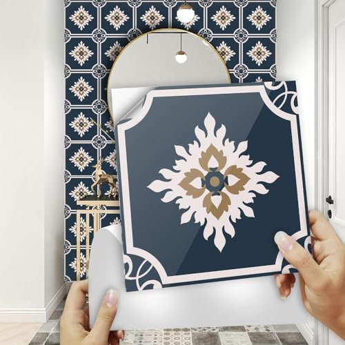 Pavimento pvc Adesivo 20x20cm Blu Scuro Retrò Piastrelle Adesive Cucina Decorazione da Parete Piastrelle Adesive Bagno Impermeabile Paraschizzi Cucina Adesivo Mattonelle Adesive (10 Pezzi)